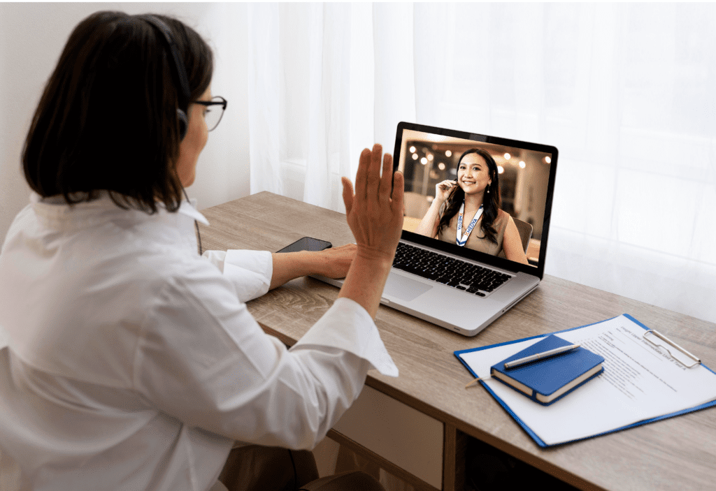 Virtual Assistant on Laptop talking with dentist
