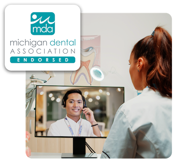MEDVA virtual assistant in computer screen at dental office with MDA logo
